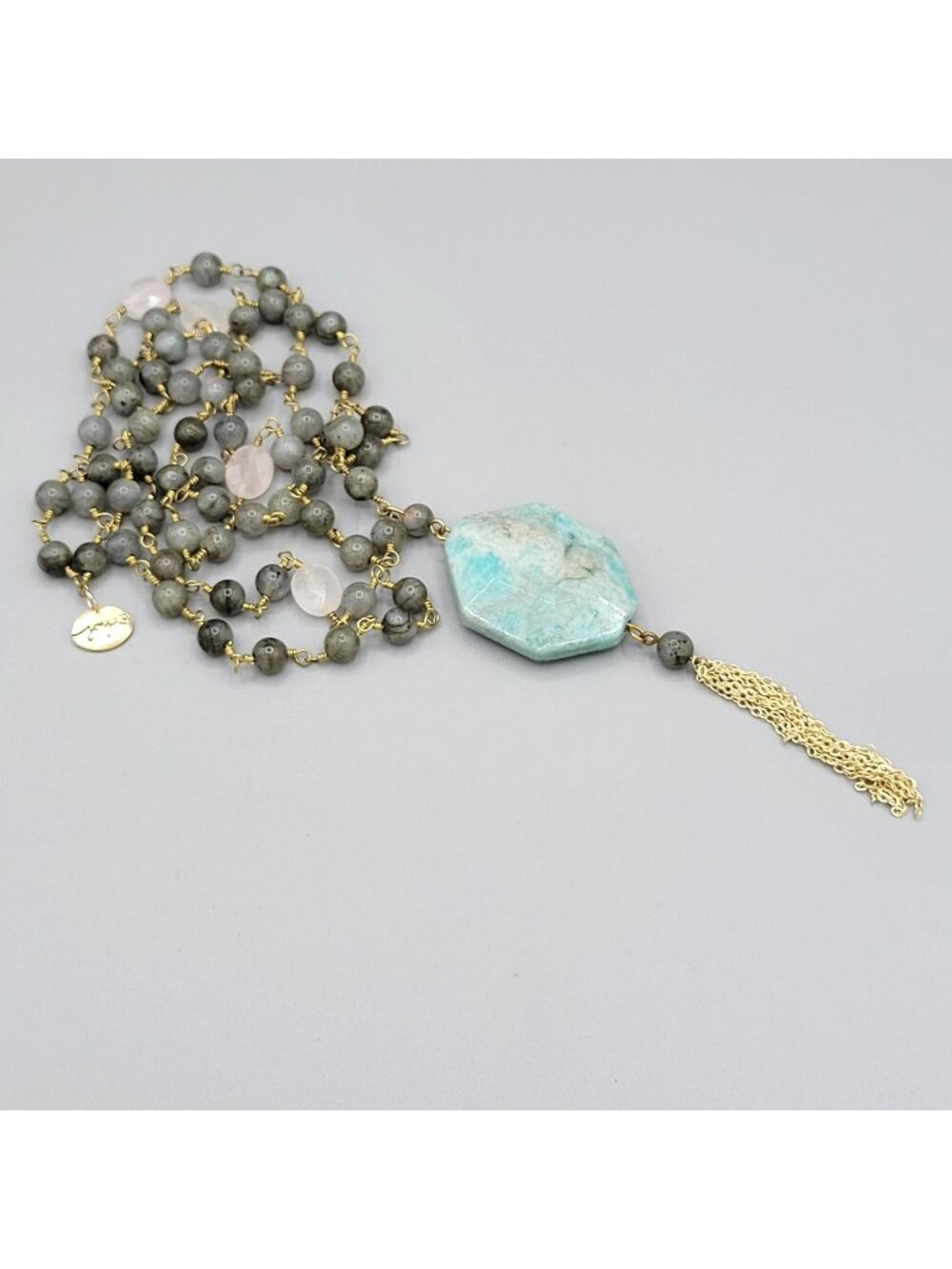Joya Amazonite Stone Long Necklace Gold Tone Tassel Labradorite Quartz Chain 32"
